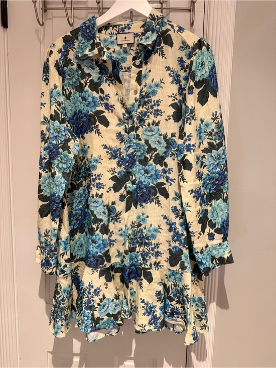 Tuckernuck Dresses & Skirts - Tuckernuck Linen Floral Ruffle Skirt Blue Cream Dress NWOT XL
